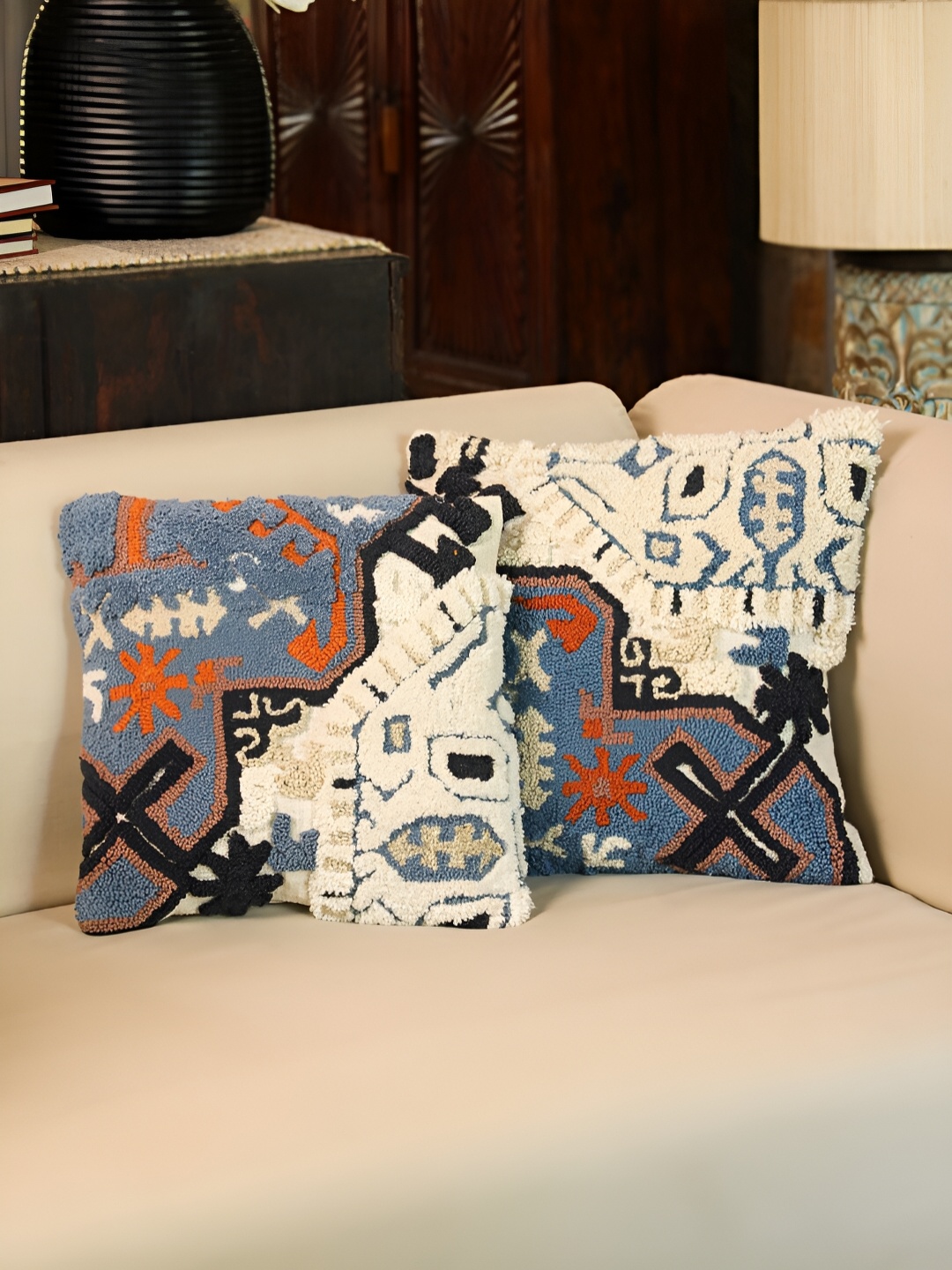

SANSKRUTIHOMES Blue & Black 2 Pcs Self Design Square Cushion Covers