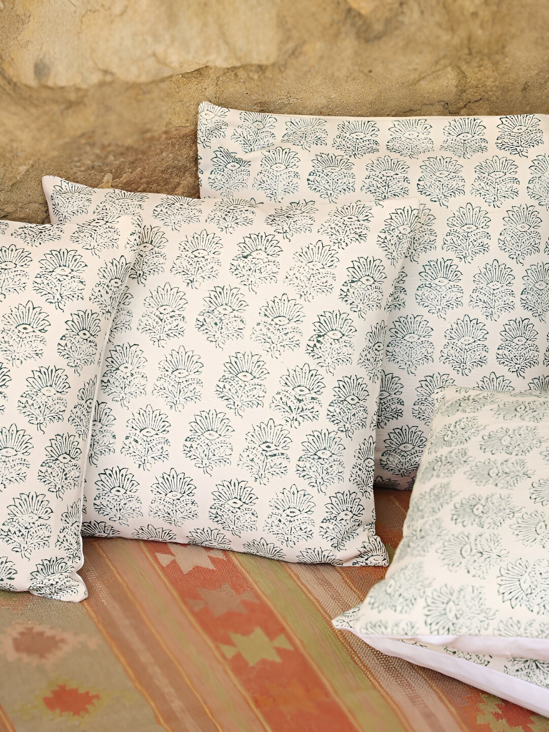 

SANSKRUTIHOMES Green & White 5 Pieces Ethnic Motifs Cotton Square Cushion Covers