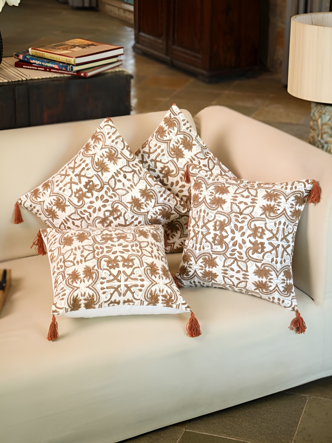 

SANSKRUTIHOMES Brown & White 5 Pcs Ethnic Motifs Square Cushion Covers