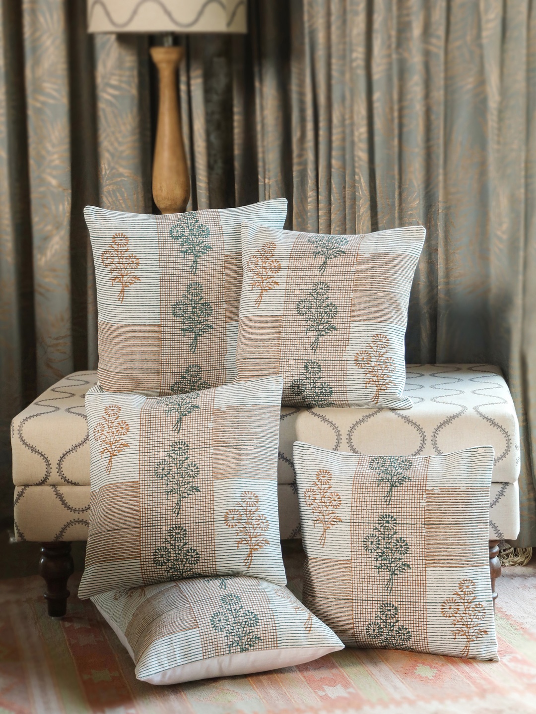 

SANSKRUTIHOMES Green & White 5 Pieces Floral Cotton Square Cushion Covers