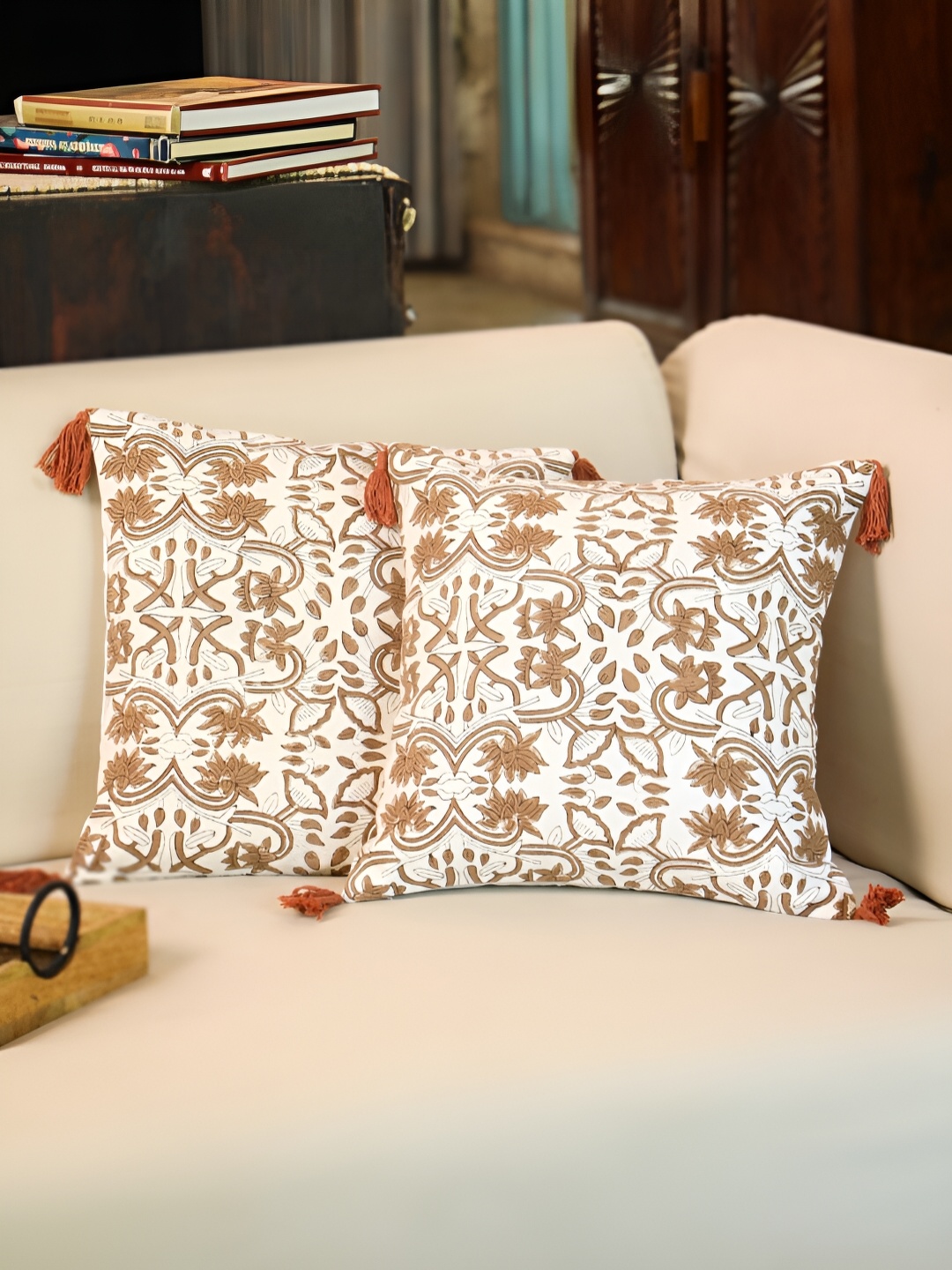 

SANSKRUTIHOMES Brown & White 2 Pieces Ethnic Motifs Cotton Square Cushion Covers