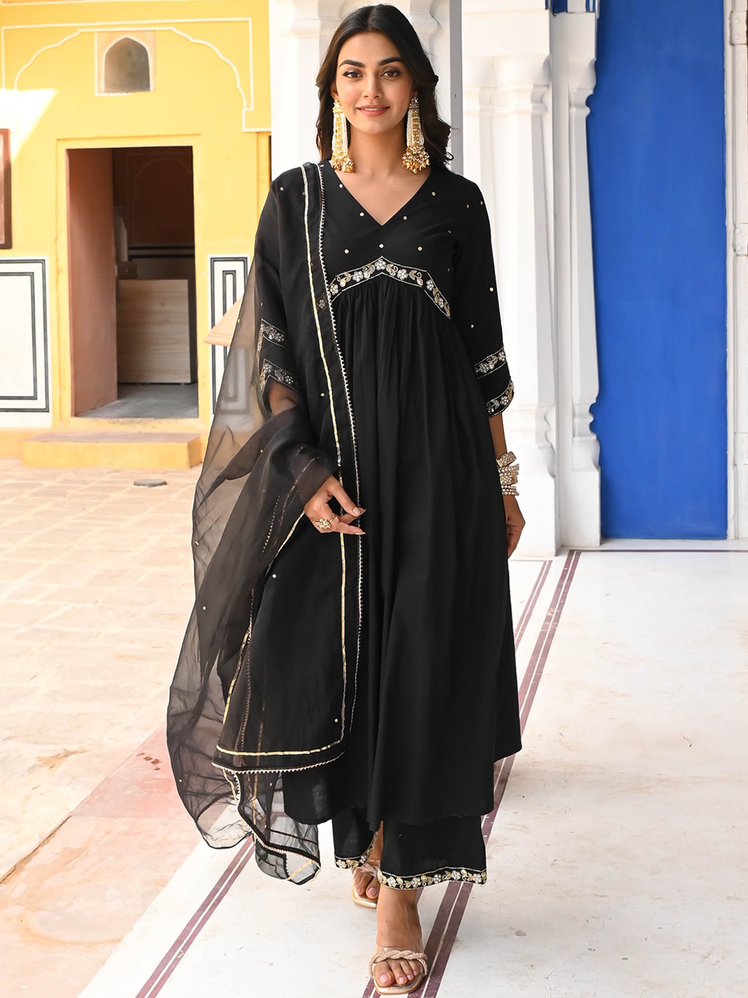 

Urbanstree Ethnic Motifs Embroidered Anarkali Pure Cotton Kurta With Trousers & Dupatta, Black