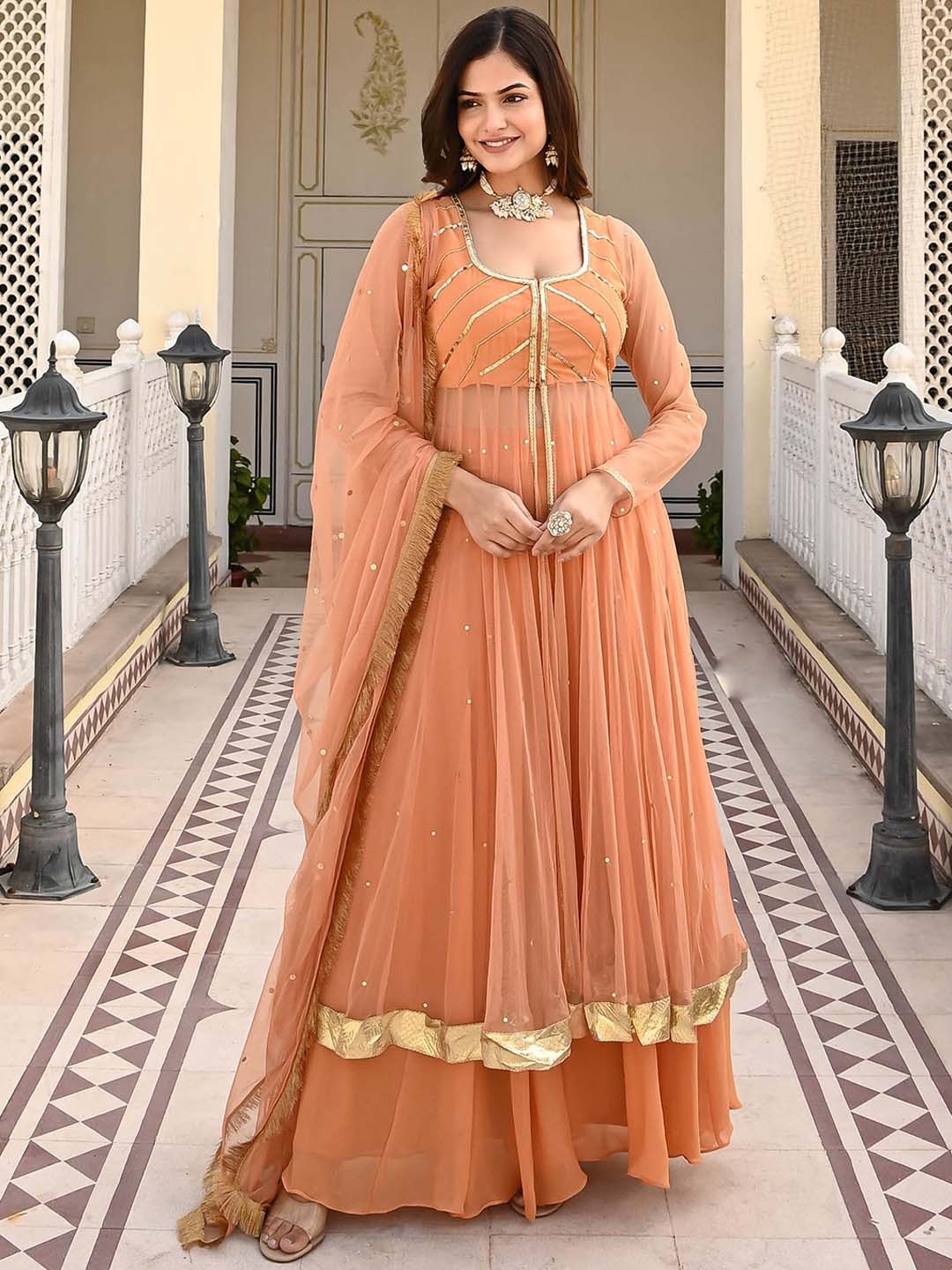 

Urbanstree Striped Embroidered Square Neck Gotta Patti Kurta with Palazzos & With Dupatta, Orange