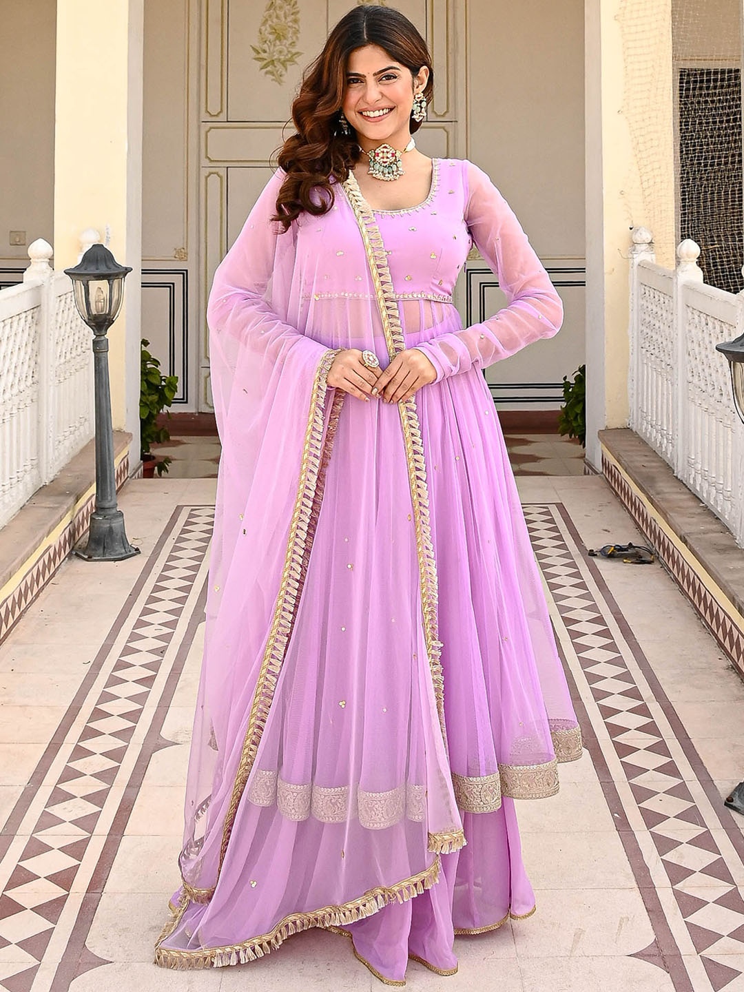 

Urbanstree Embroidered Sequinned Anarkali Kurta With Skirt & With Dupatta, Lavender
