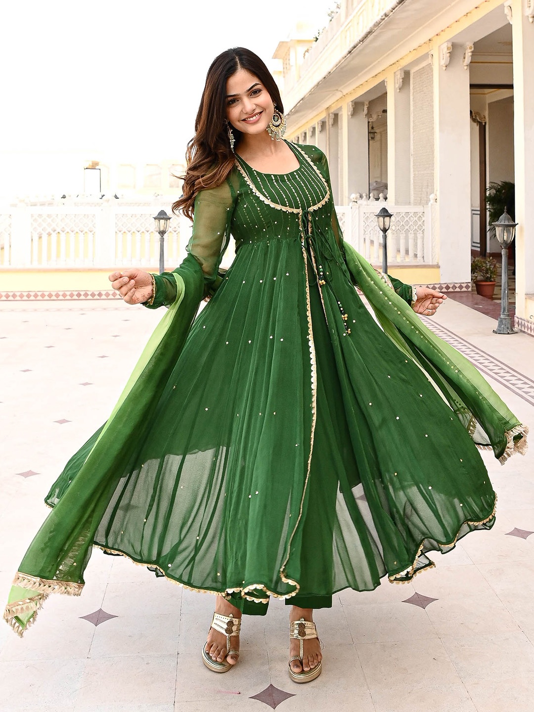 

Urbanstree Round Neck Embroidered Gotta Patti Straight Kurta with Palazzos & With Dupatta, Olive