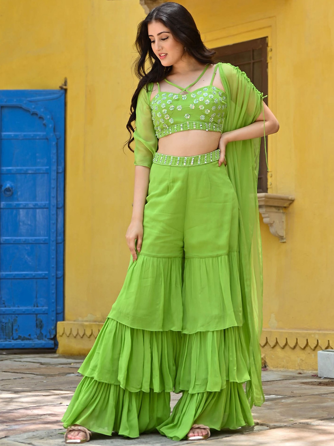 

Urbanstree Embellished Top With Sharara & Shrug, Lime green