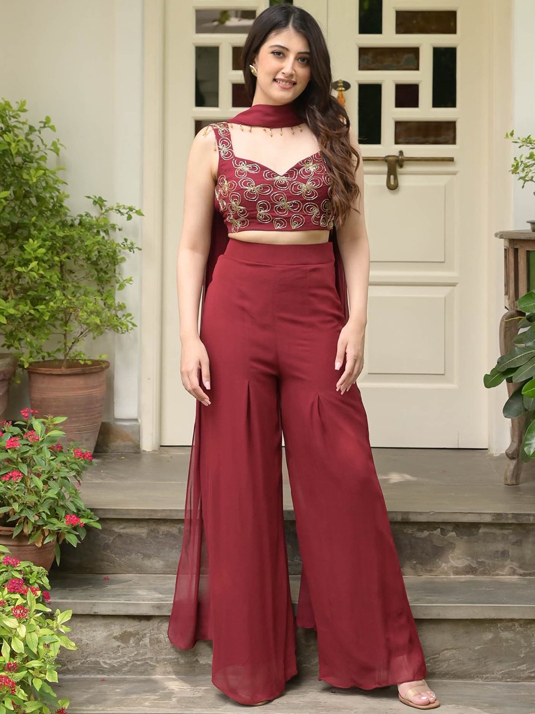 

Urbanstree Embroidered Top With Palazzo & Dupatta, Maroon