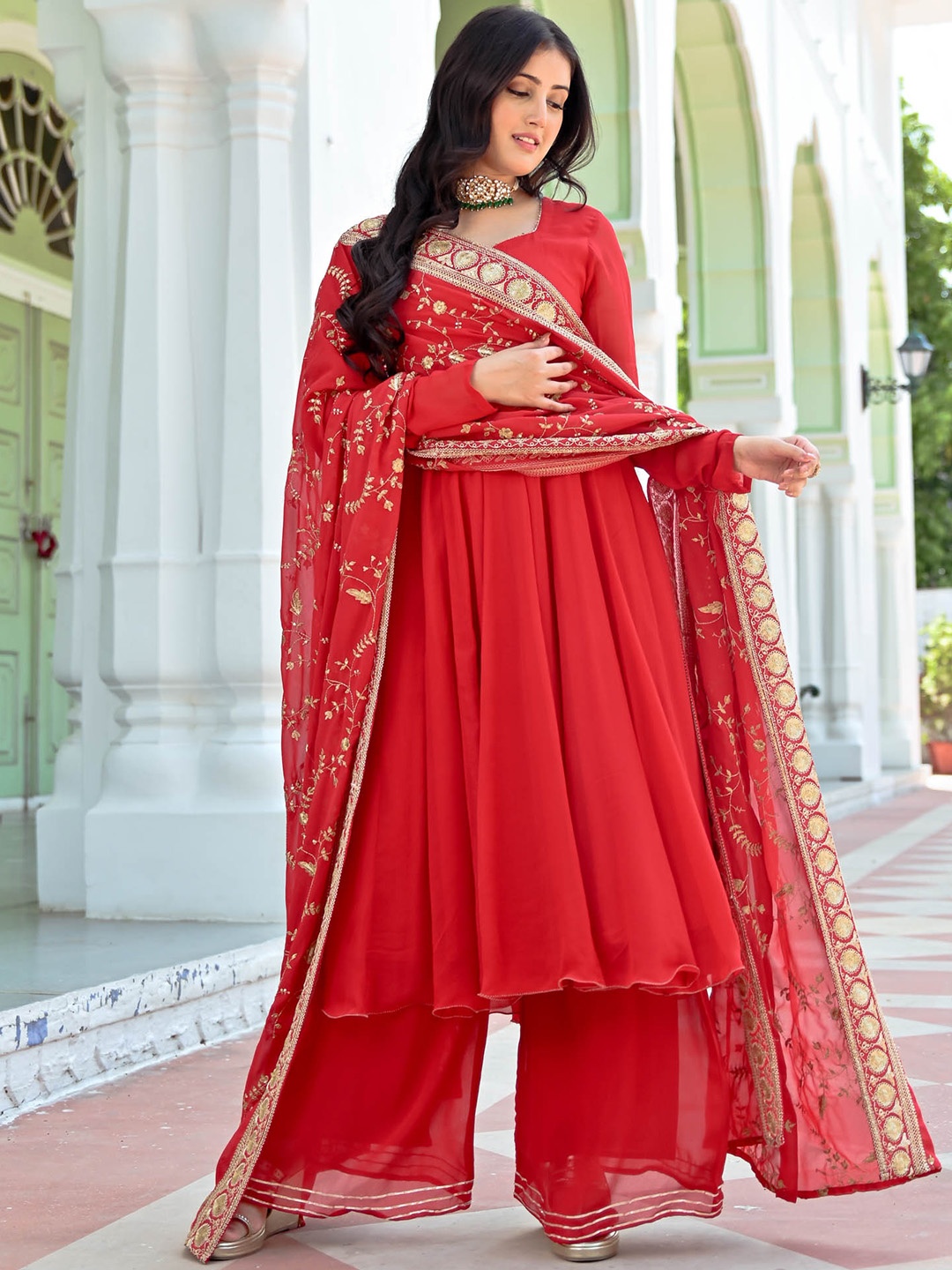 

Urbanstree Embroidered Anarkali Kurta With Palazzos & Dupatta, Red