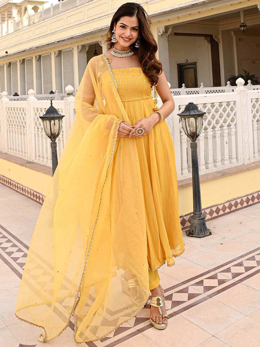 

Urbanstree Embroidered Shoulder Straps Sequinned Anarkali Kurta & Trousers With Dupatta, Yellow