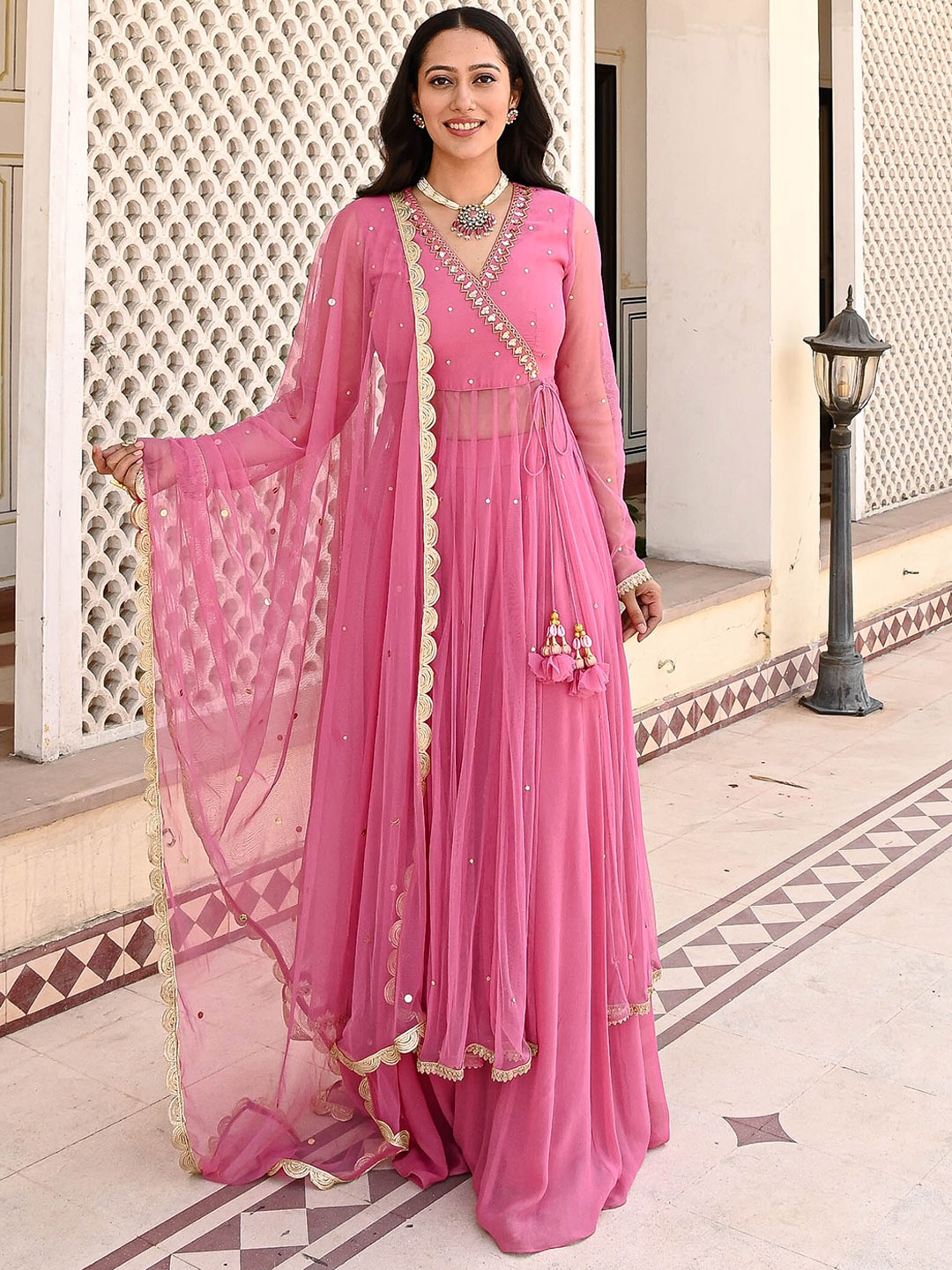 

Urbanstree Ethnic Motifs Embroidered Angrakha Beads and Stones Kurta Palazzos & Dupatta, Pink