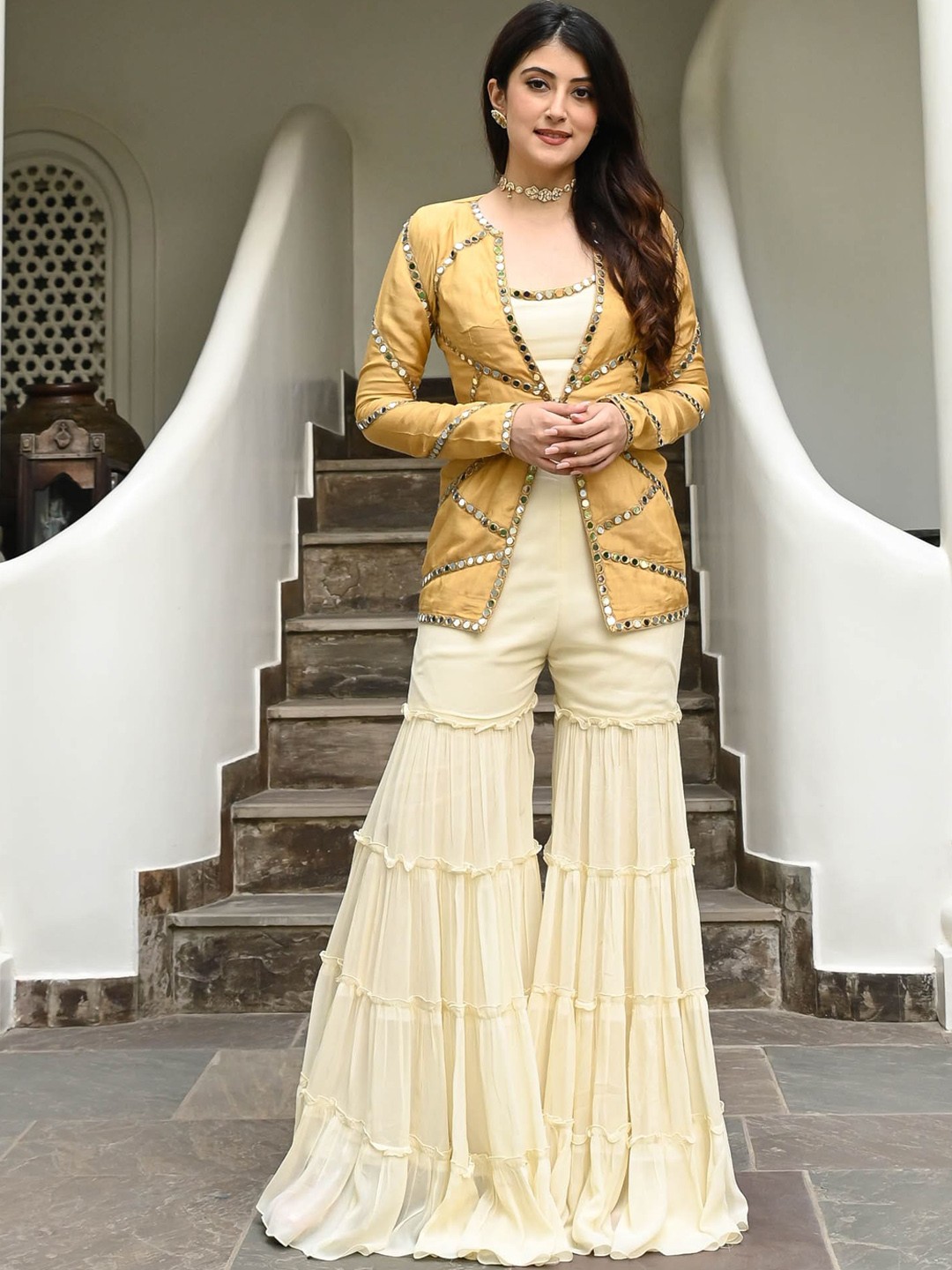 

Urbanstree Embellished Top With Sharara & Jacket, Cream