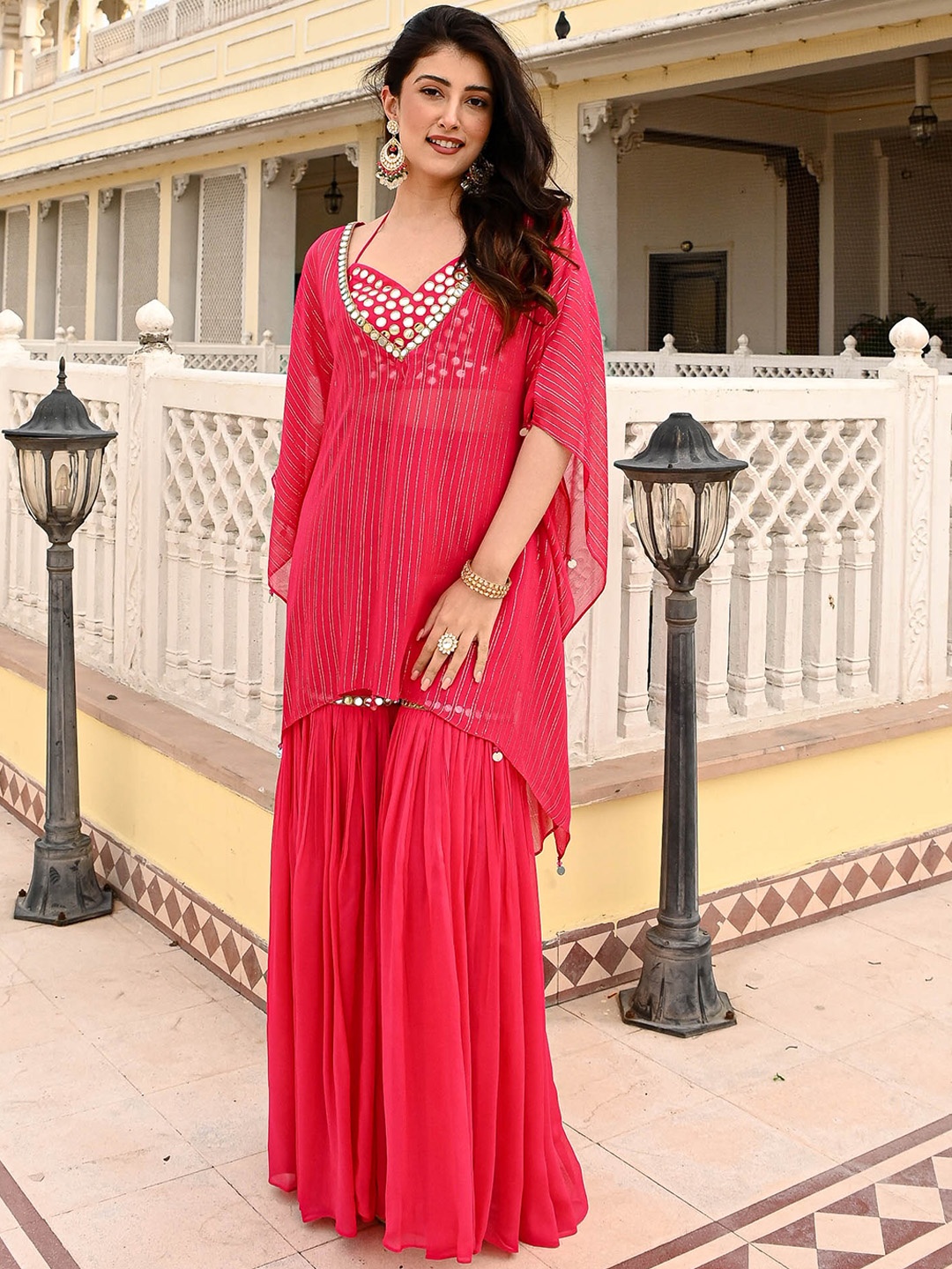 

Urbanstree Embroidered Mirror Work Kaftan Top with Sharara, Pink