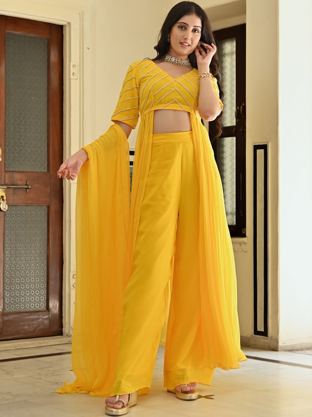 

Urbanstree Embellished Top With Palazzo & Dupatta, Yellow