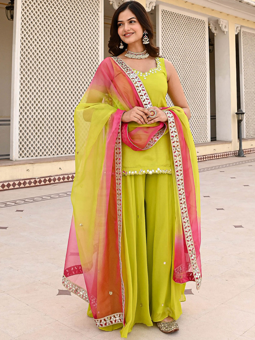 

Urbanstree Ethnic Motifs Embroidered Regular Chanderi Silk Kurti With Palazzos & Dupatta, Lime green