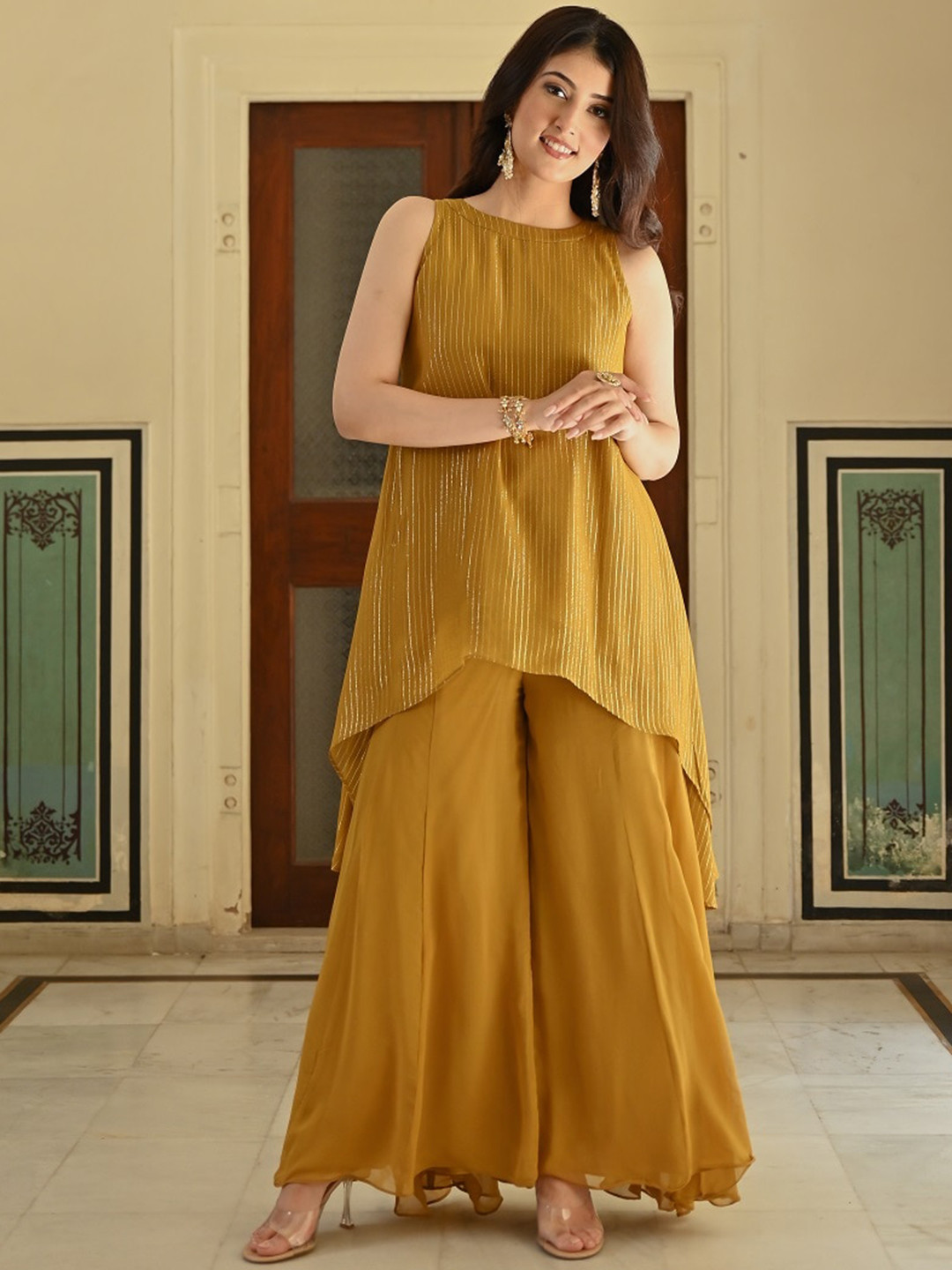 

Urbanstree Embroidered Zardozi Kurti with Sharara Co-Ord Set, Gold