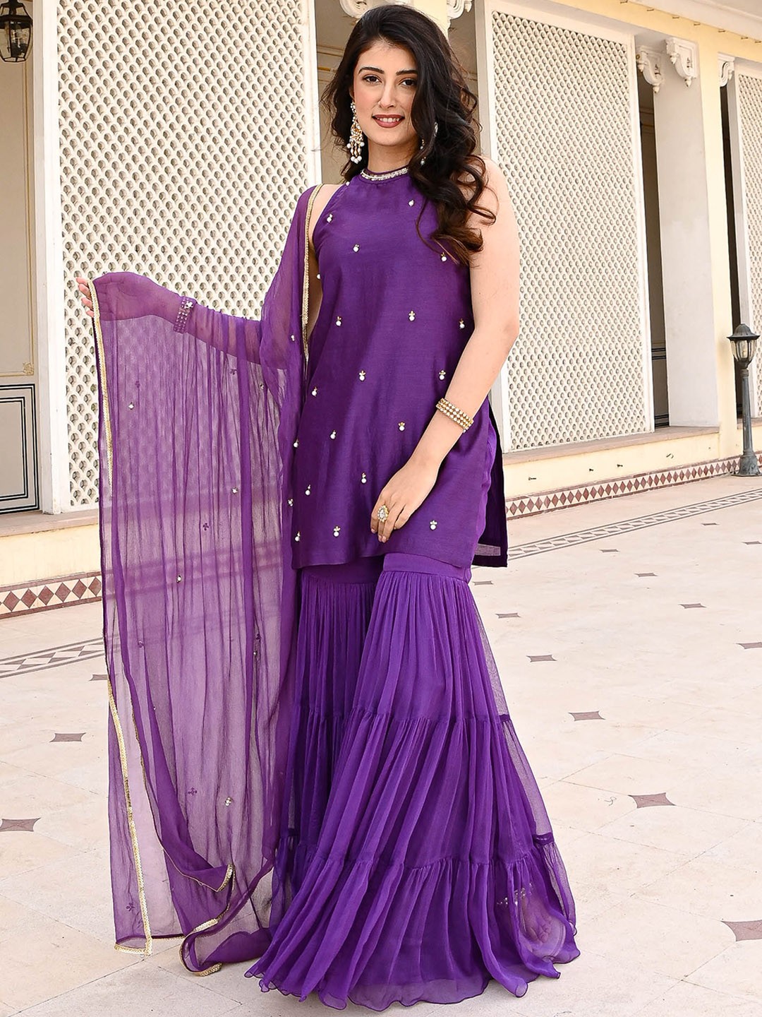 

Urbanstree Ethnic Motifs Embroidered Chanderi Silk Straight Kurti & Sharara With Dupatta, Purple