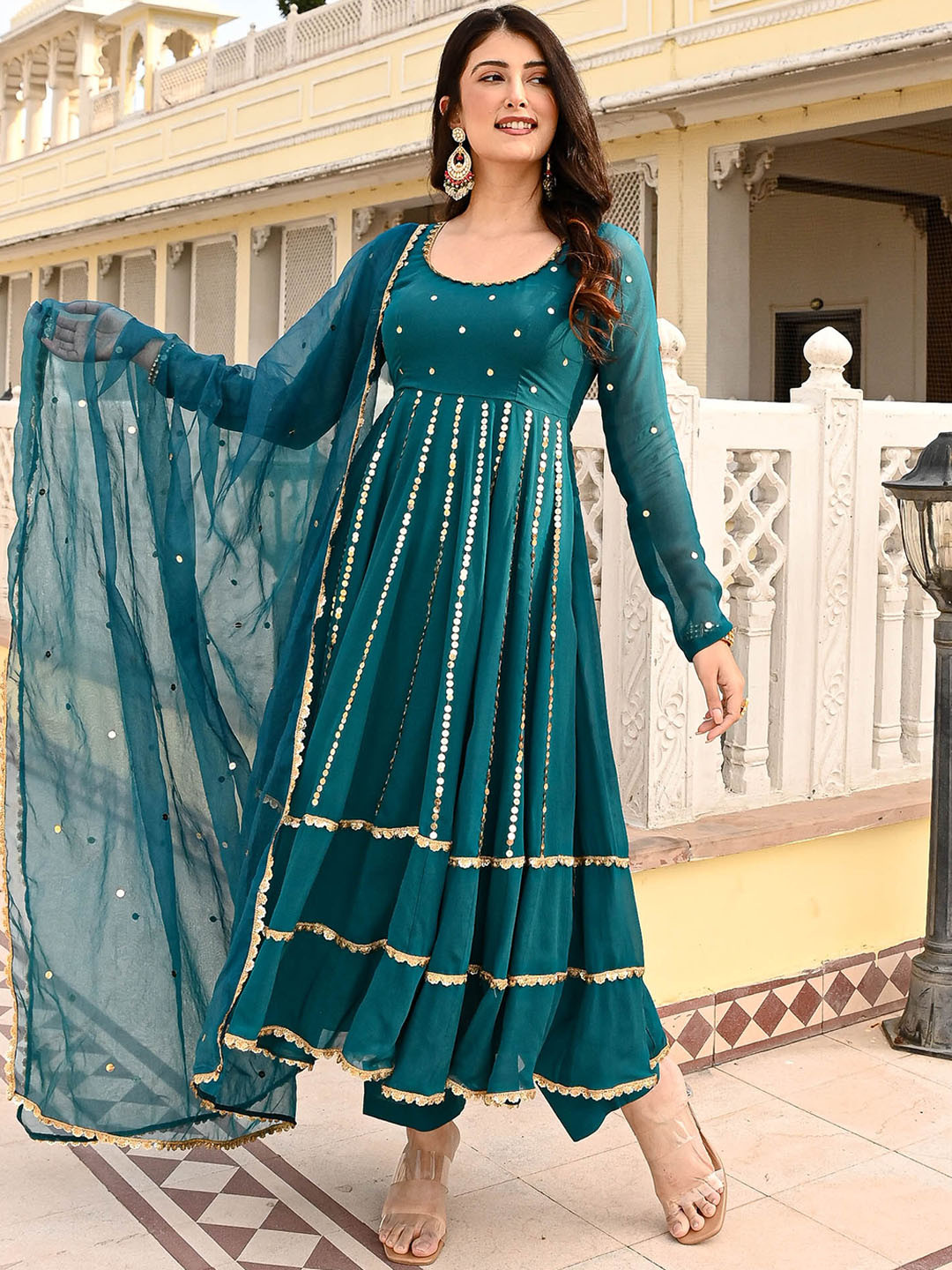 

Urbanstree Ethnic Motifs Embroidered Empire Anarkali Kurta & Trousers With Dupatta, Turquoise blue