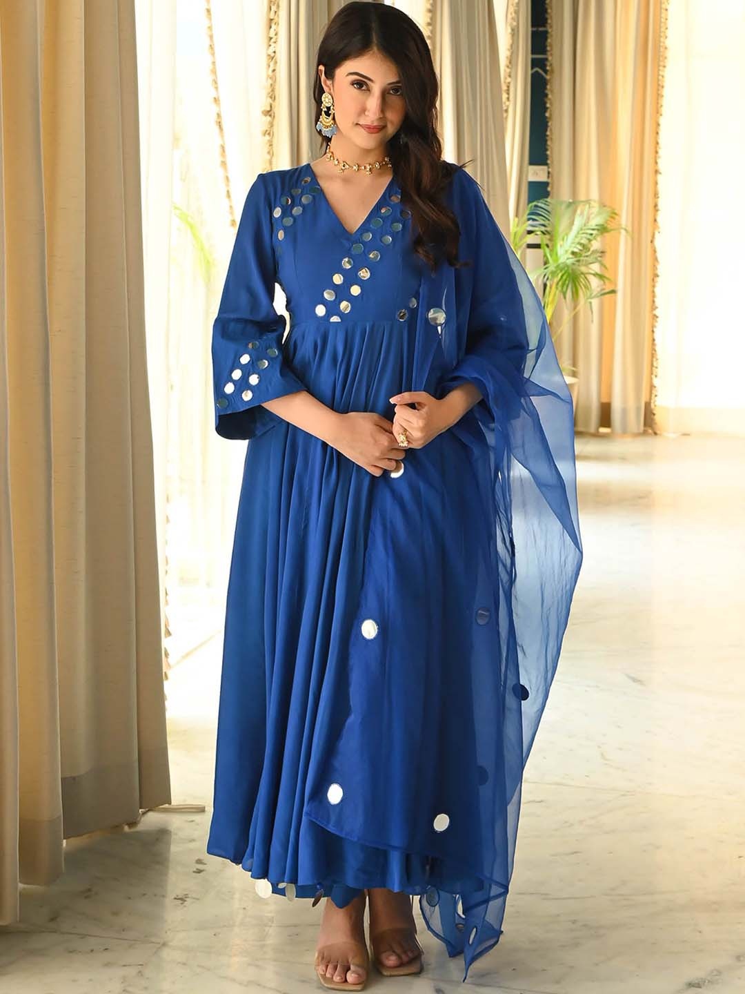 

Urbanstree Ethnic Motifs Embroidered Anarkali Mirror Work Kurta With Trousers & Dupatta, Blue