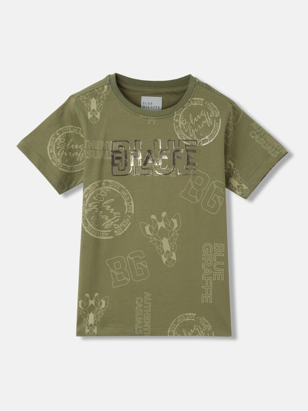 

Blue Giraffe Boys Abstract Printed Round Neck Short Sleeves Cotton T-Shirt, Olive