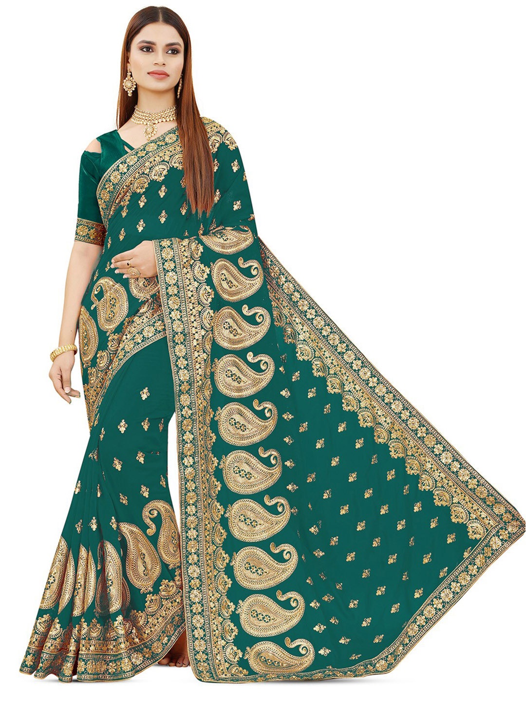

DIVASTRI Embellished Beads & Stones Pure Georgette Heavy Work Saree, Sea green