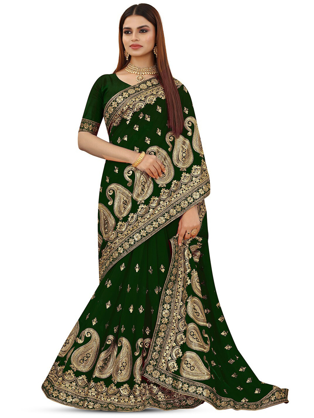 

DIVASTRI Ethnic Motifs Beads & Stones Pure Georgette Heavy Work Saree, Green