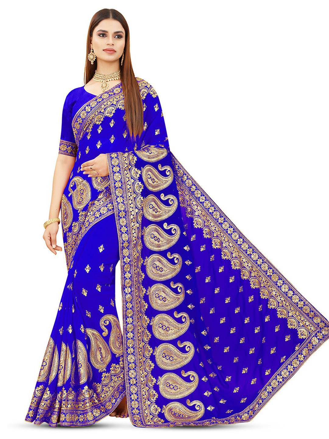 

DIVASTRI Ethnic Motifs Beads and Stones Pure Georgette Saree, Blue