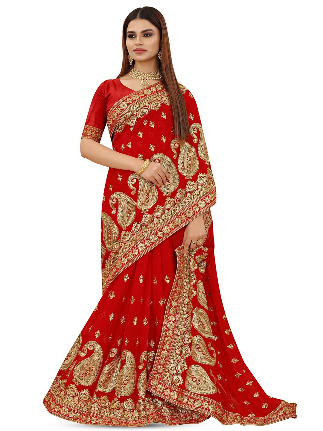 

DIVASTRI Paisley Sequinned Pure Georgette Heavy Work Saree, Red