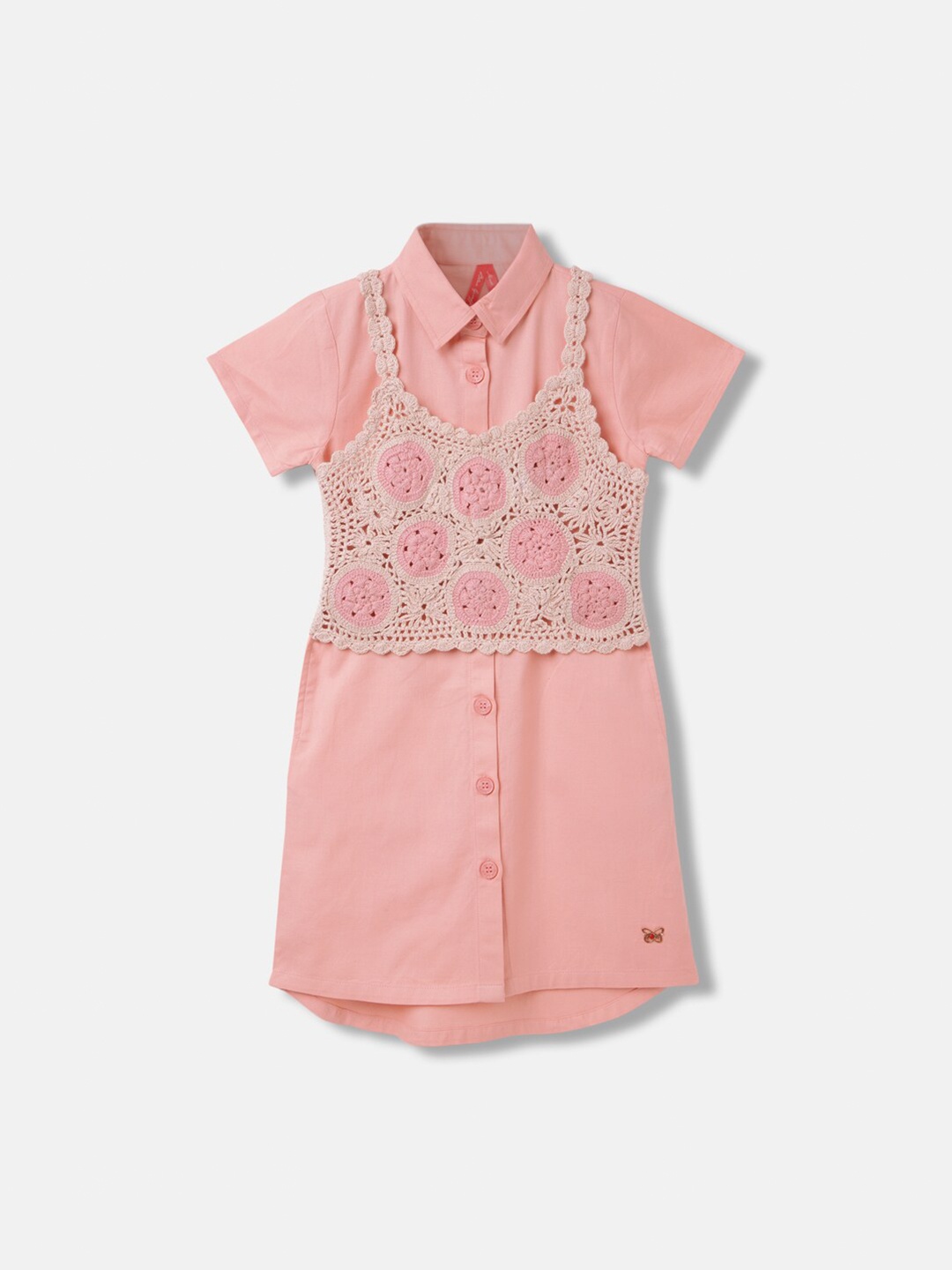 

Blue Giraffe Shirt Collar Cotton Straight Dress With Knitted Top Dress Set, Pink