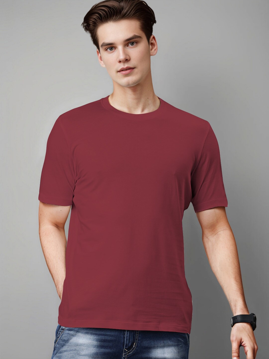 

Huetrap Round Neck Short Sleeves Cotton T-shirt, Maroon