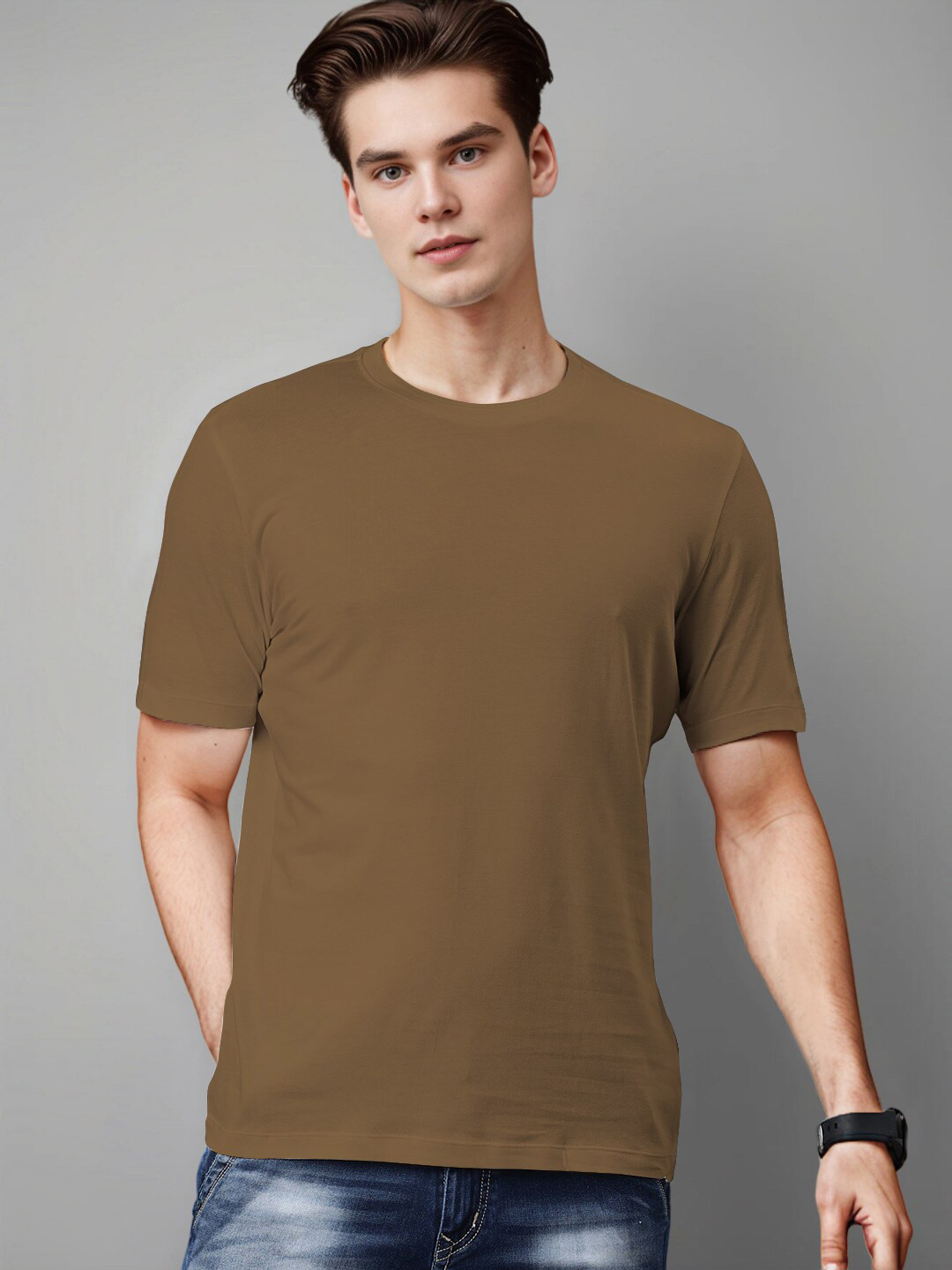 

Huetrap Round Neck Short Sleeves Regular Fit T-shirt, Coffee brown