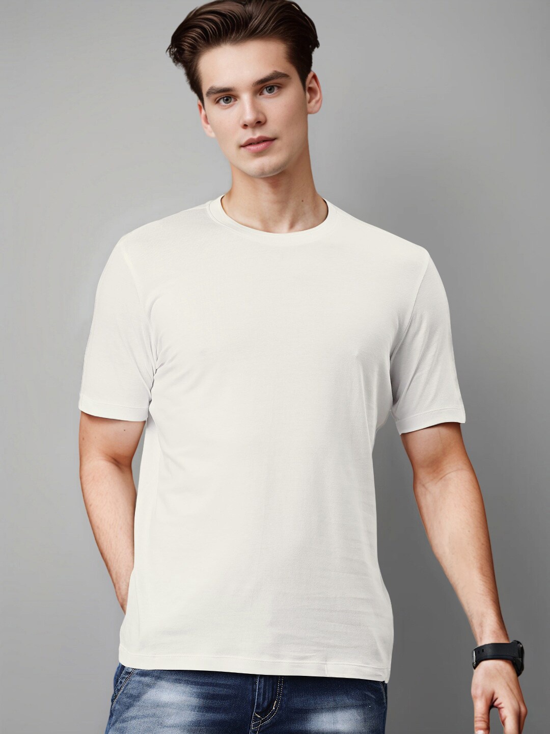 

Huetrap Round Neck Short Sleeves Cotton T-shirt, Off white