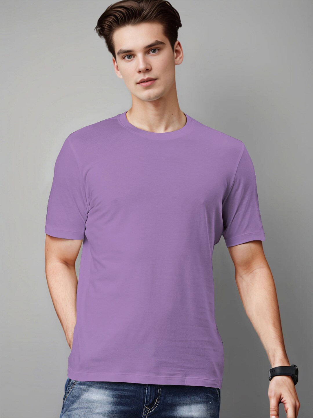 

Huetrap Round Neck Short Sleeves Cotton T-shirt, Lavender