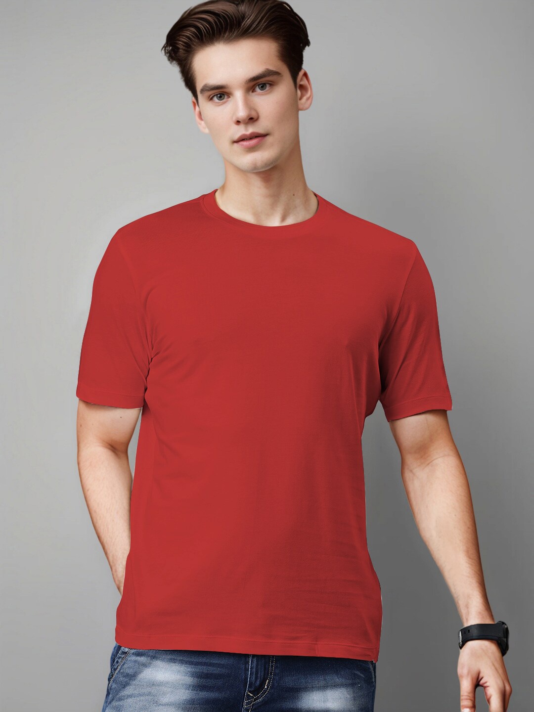 

Huetrap Round Neck Short Sleeves Cotton Regular Fit T-shirt, Red