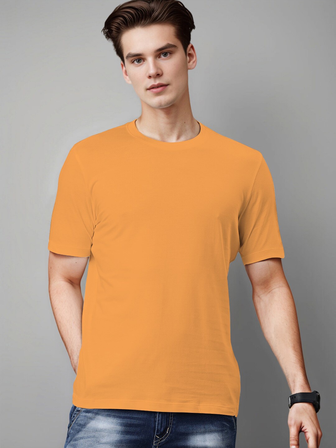 

Huetrap Round Neck Short Sleeves Cotton T-shirt, Orange