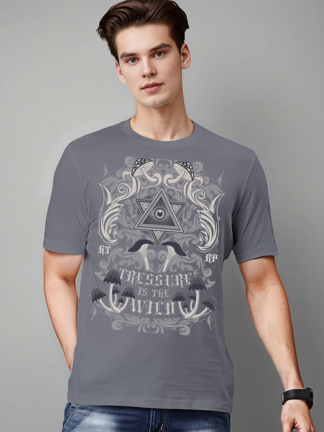 

Huetrap Graphic Printed Round Neck Pure Cotton T shirt, Charcoal