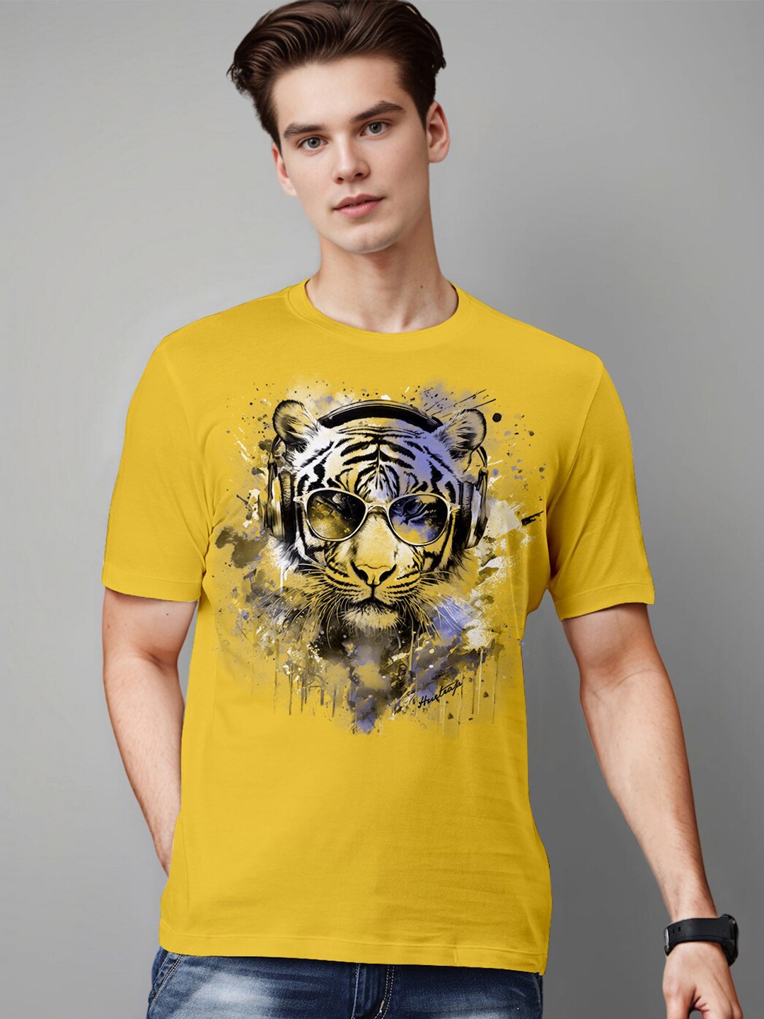 

Huetrap Graphic Printed Round Neck Pure Cotton T shirt, Yellow