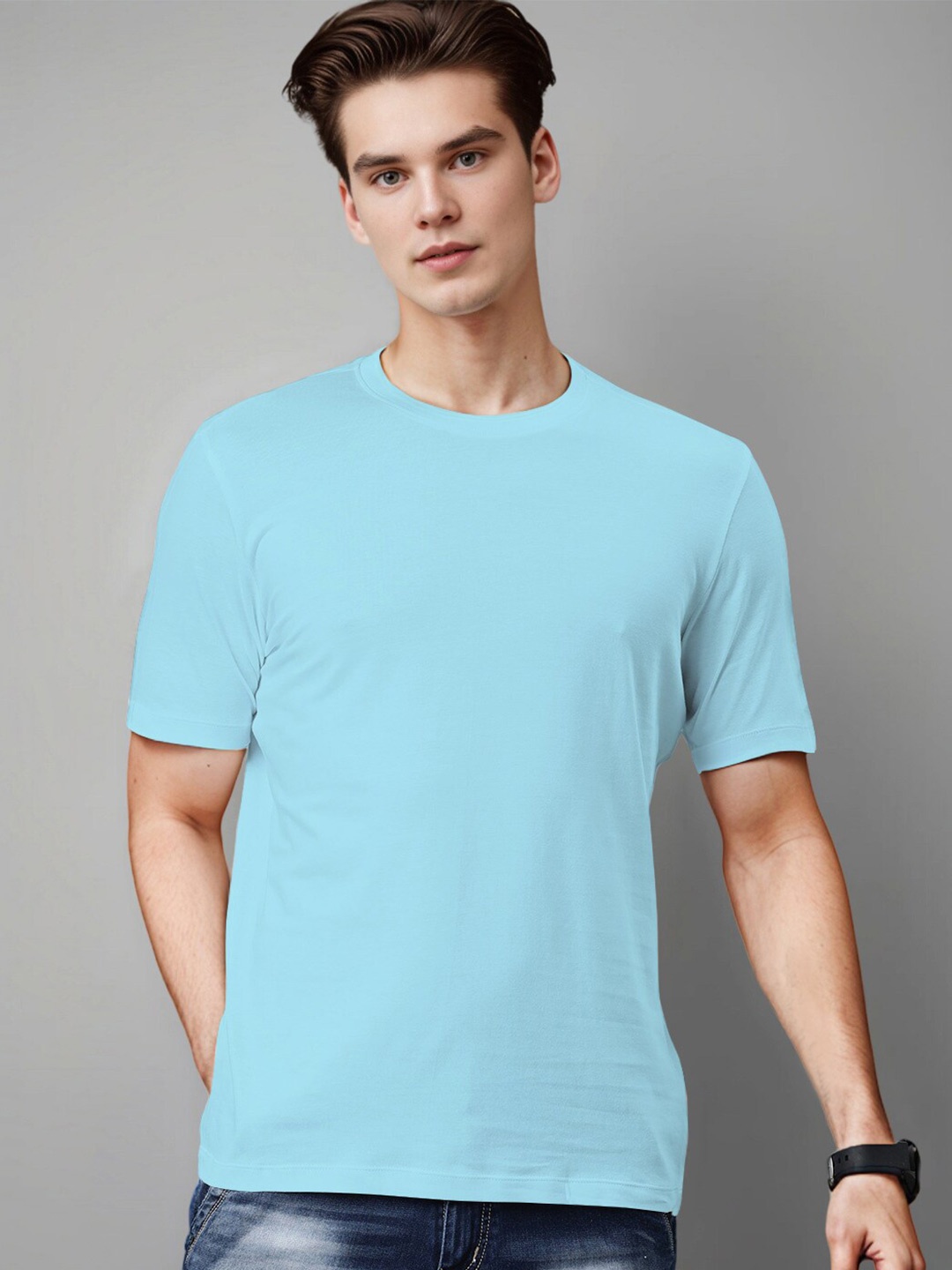 

Huetrap Round Neck Short Sleeves Cotton T-shirt, Turquoise blue