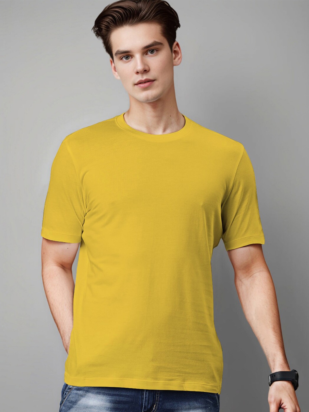 

Huetrap Round Neck Short Sleeves Cotton T-shirt, Yellow