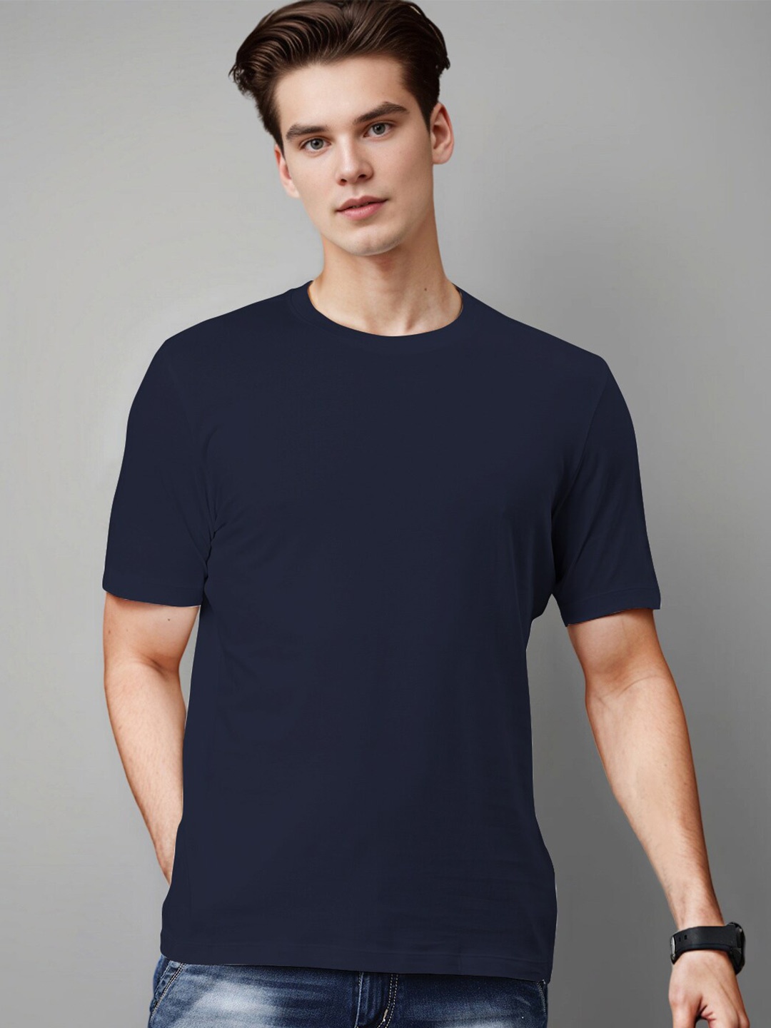 

Huetrap Round Neck Short Sleeves Cotton Casual T-shirt, Navy blue