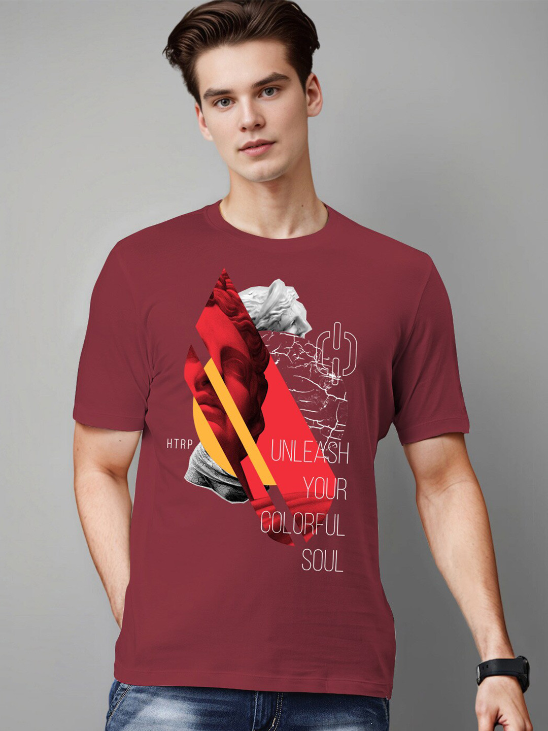 

Huetrap Graphic Printed Round Neck Pure Cotton T shirt, Maroon