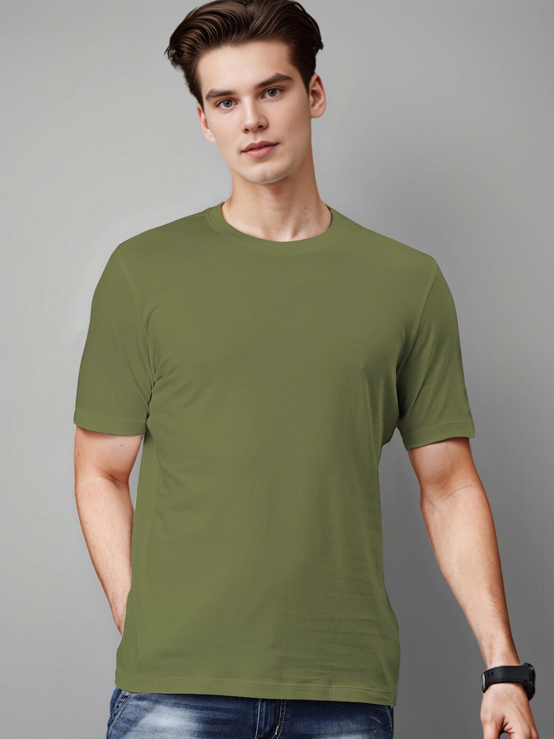 

Huetrap Round Neck Short Sleeves Cotton T-shirt, Olive