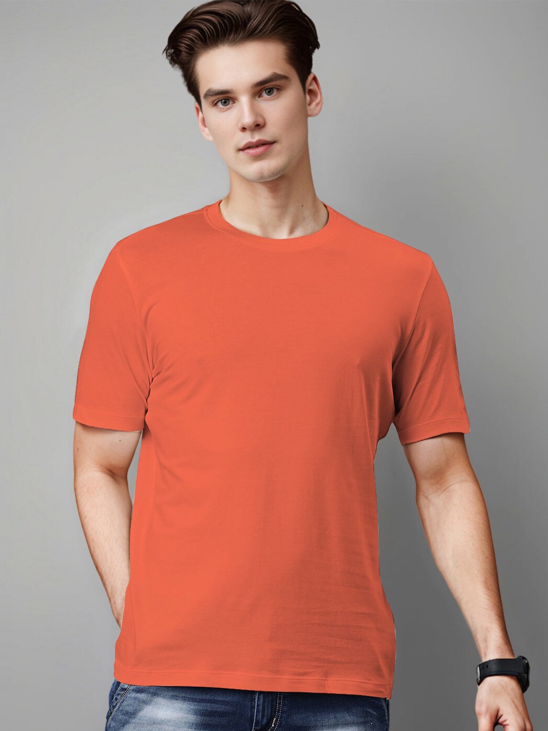 

Huetrap Round Neck Short Sleeves Cotton T-shirt, Orange