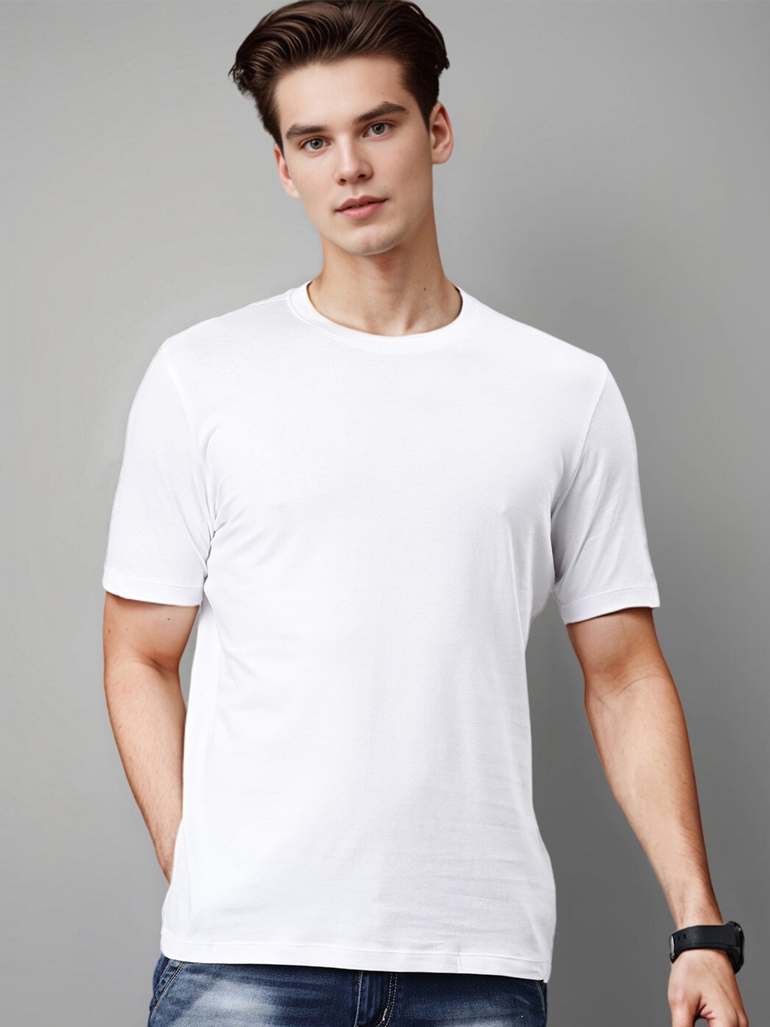 

Huetrap Round Neck Short Sleeves Pure Cotton T shirt, White