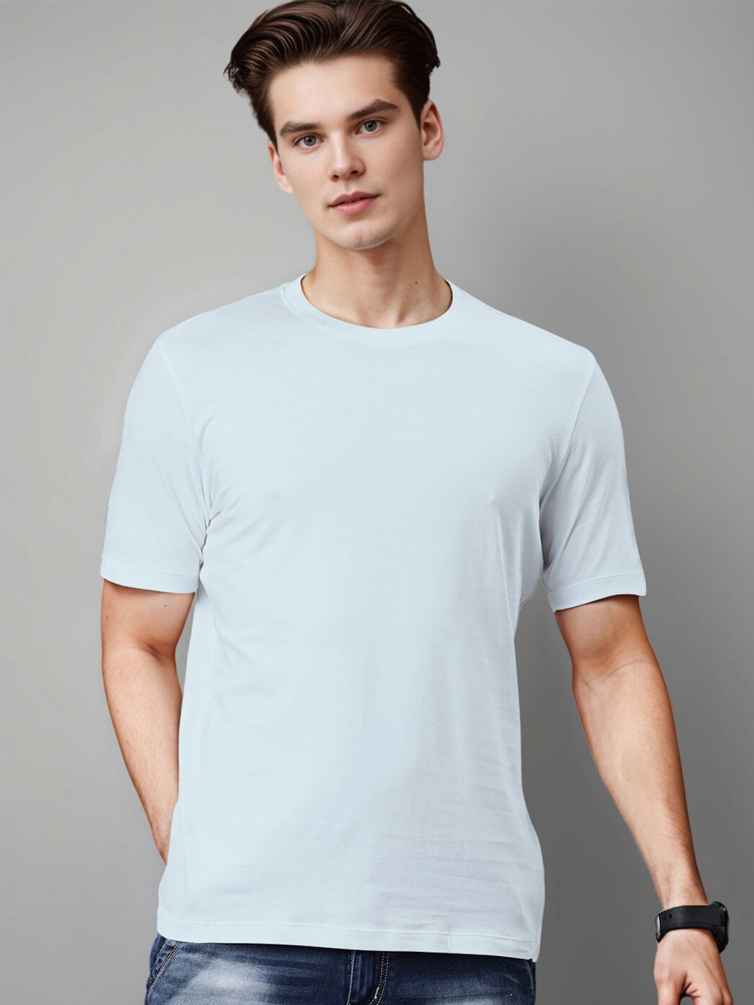 

Huetrap Round Neck Short Sleeves Cotton T-shirt, Blue