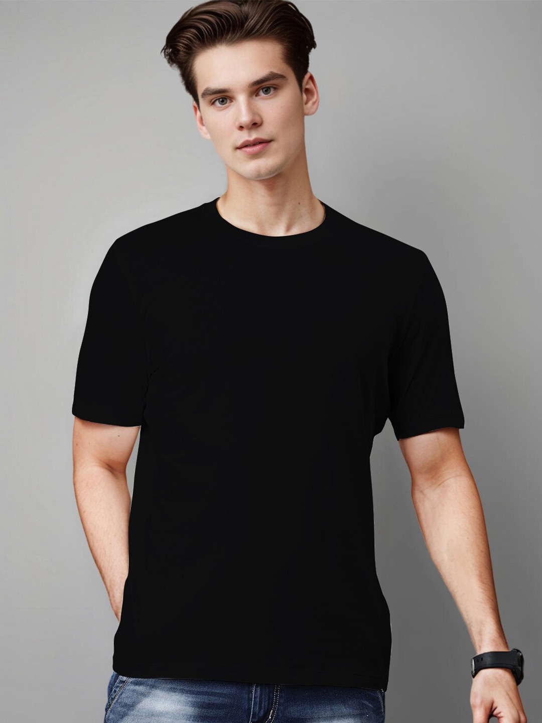 

Huetrap Round Neck Short Sleeves Cotton T-shirt, Black