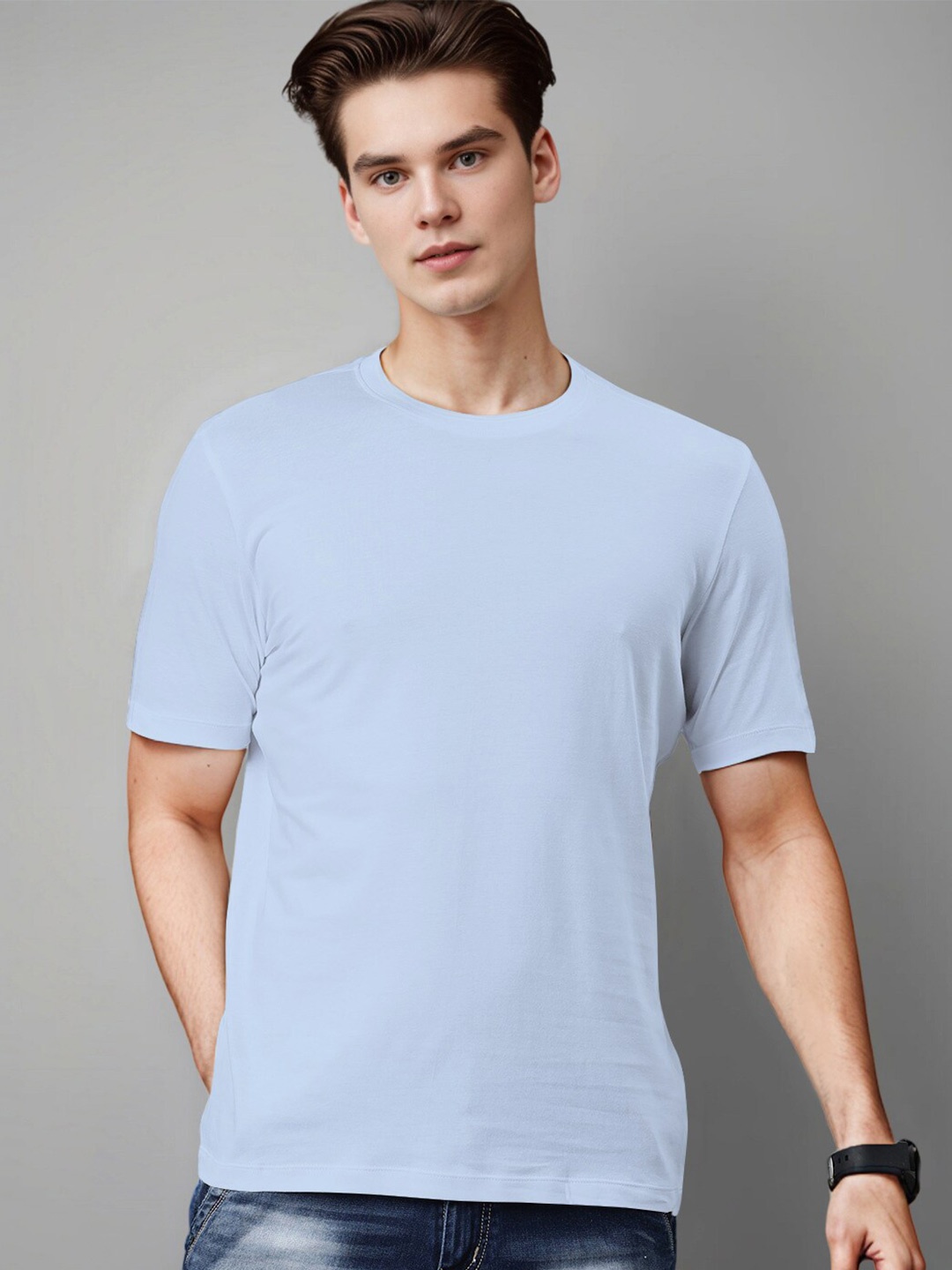 

Huetrap Round Neck Short Sleeves Cotton T-shirt, Blue