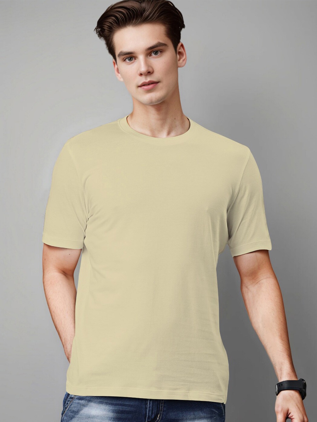 

Huetrap Round Neck Short Sleeves Cotton Regular Fit T-shirt, Olive