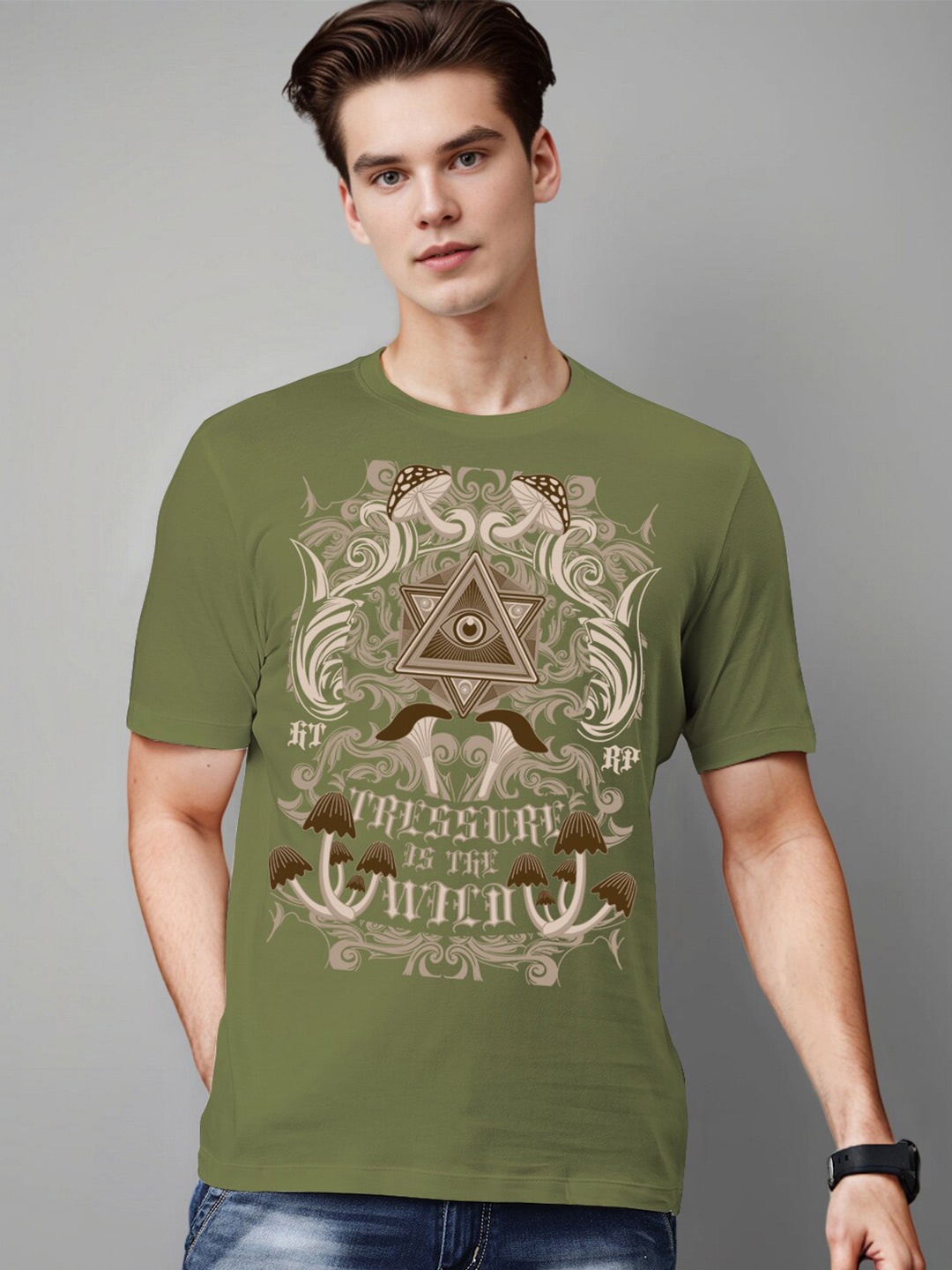 

Huetrap Graphic Printed Cotton T-shirt, Olive