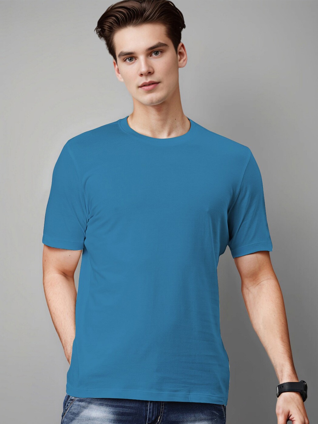 

Huetrap Round Neck Short Sleeves Cotton Regular Fit T-shirt, Blue