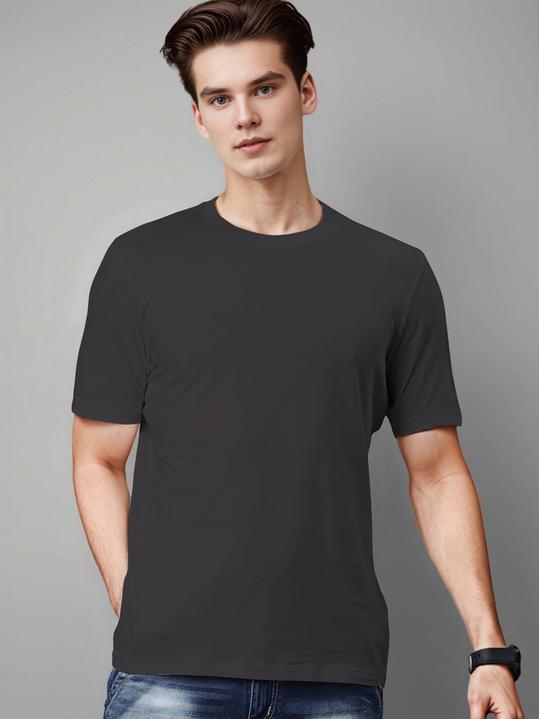 

Huetrap Round Neck Short Sleeves Cotton T shirt, Charcoal